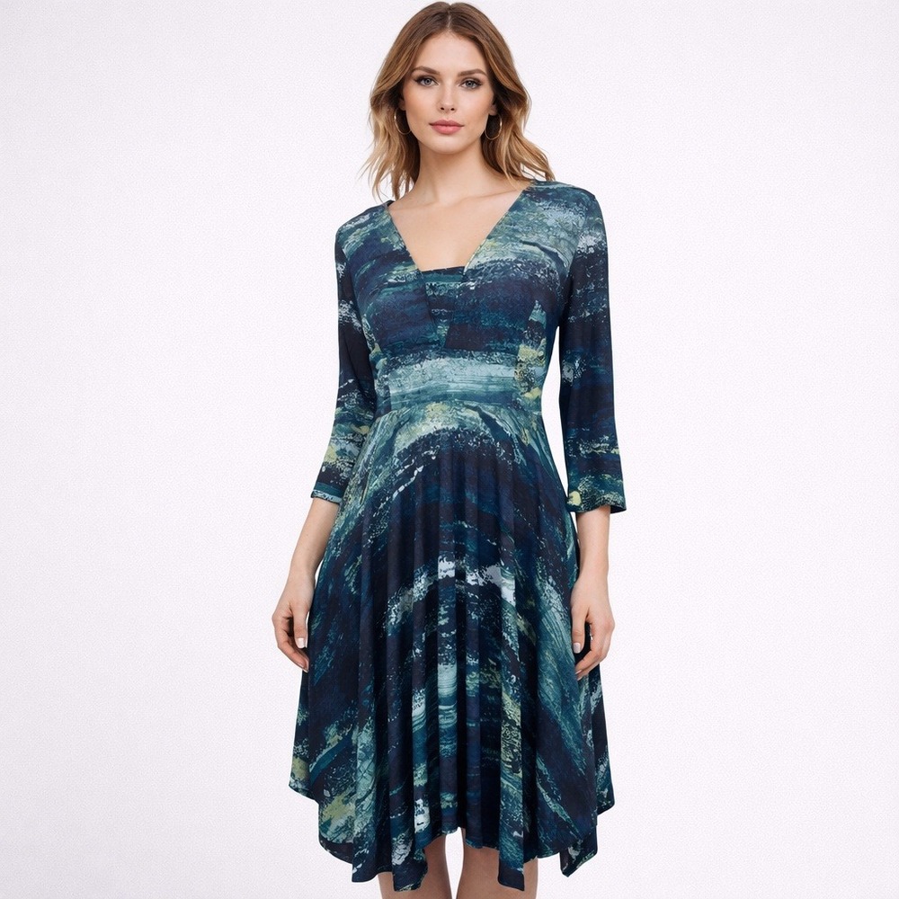 Simply Vera Vera Wang Blue‎ Green Abstract Handkerchief Hem Dress Small